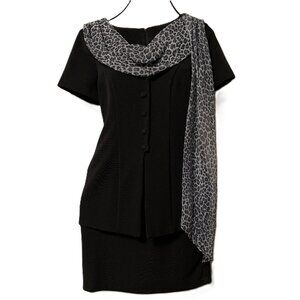 Women's Studio C Black Midi Dress with Scarf & Decorative Buttons Size 8